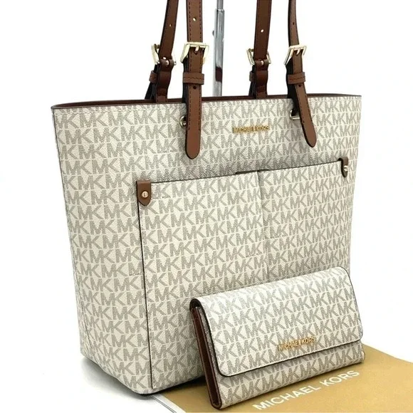 Michael Kors Medium Double Packet Tote Bag & Trifold Wallet Vanilla/Brown